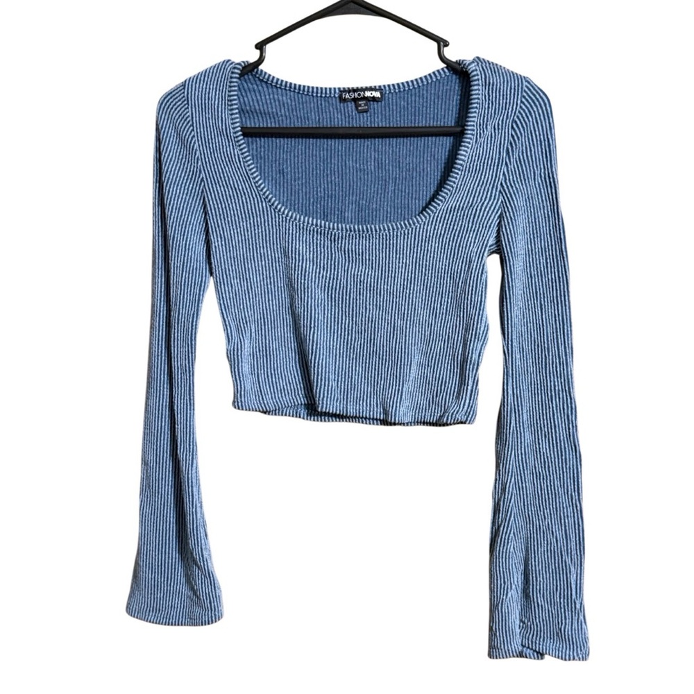 Fashion Nova Blue Ribbed Knit Crop Top Bell Sleeve Stretch Size M